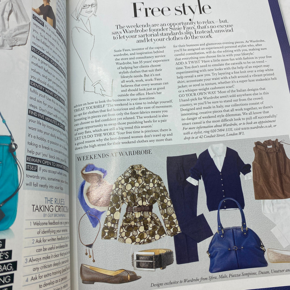 Inside page of Harper's Bazaar UK Magazine May 2008 featuring an article titled 'Free Style' with fashion advice and a visual depiction of stylish outfits for weekends.