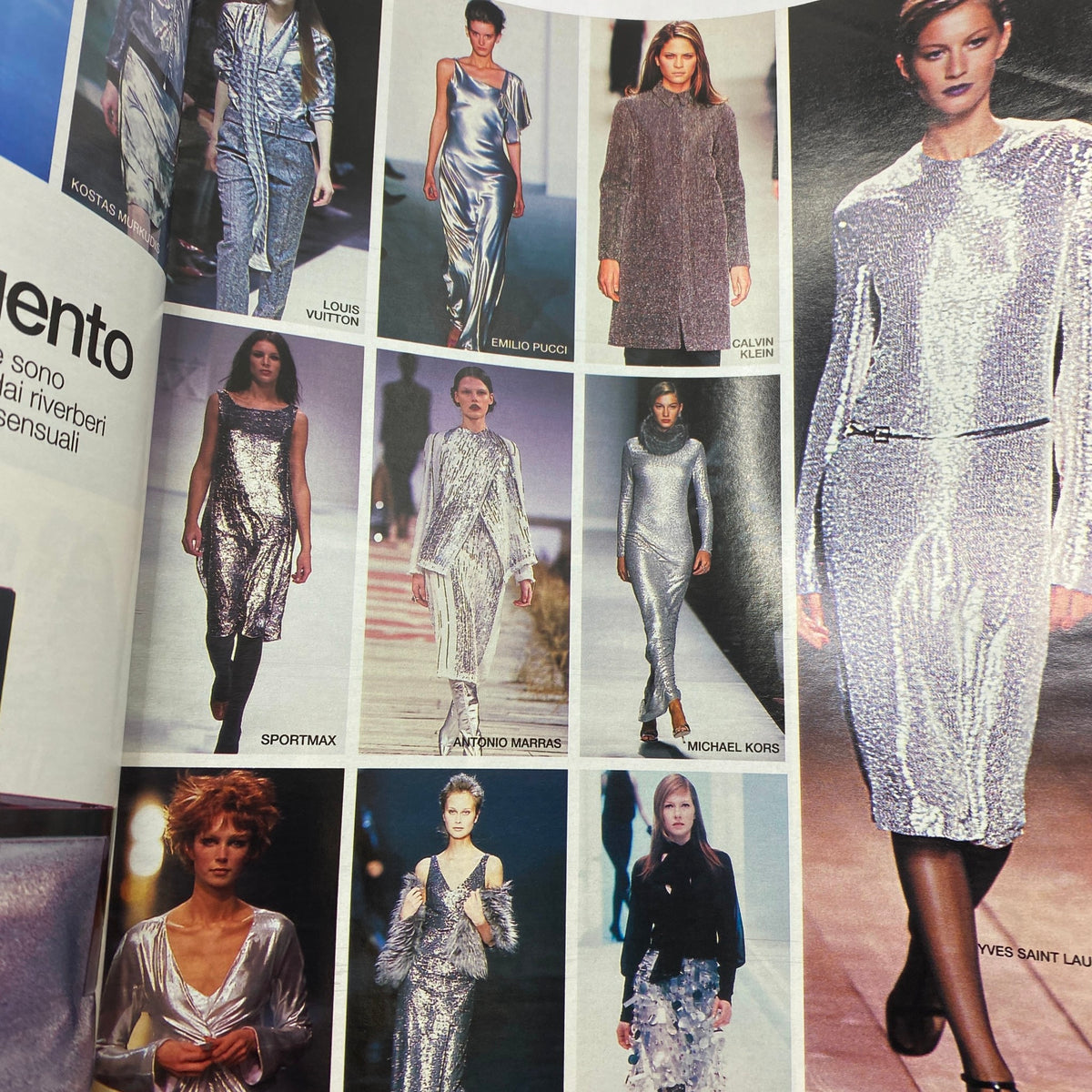Interior page from Marie Claire French Supplement August 2000 displaying a collage of silver fashion looks, featuring designers like Louis Vuitton and Emilio Pucci.
