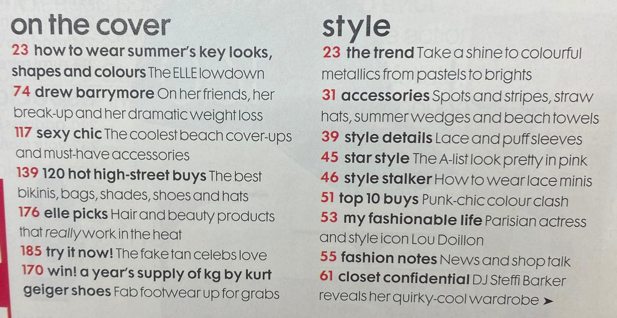 Elle UK Magazine July 2007 Drew Barrymore Cover No Label featuring contents and fashion section highlights, including style tips and featured articles.