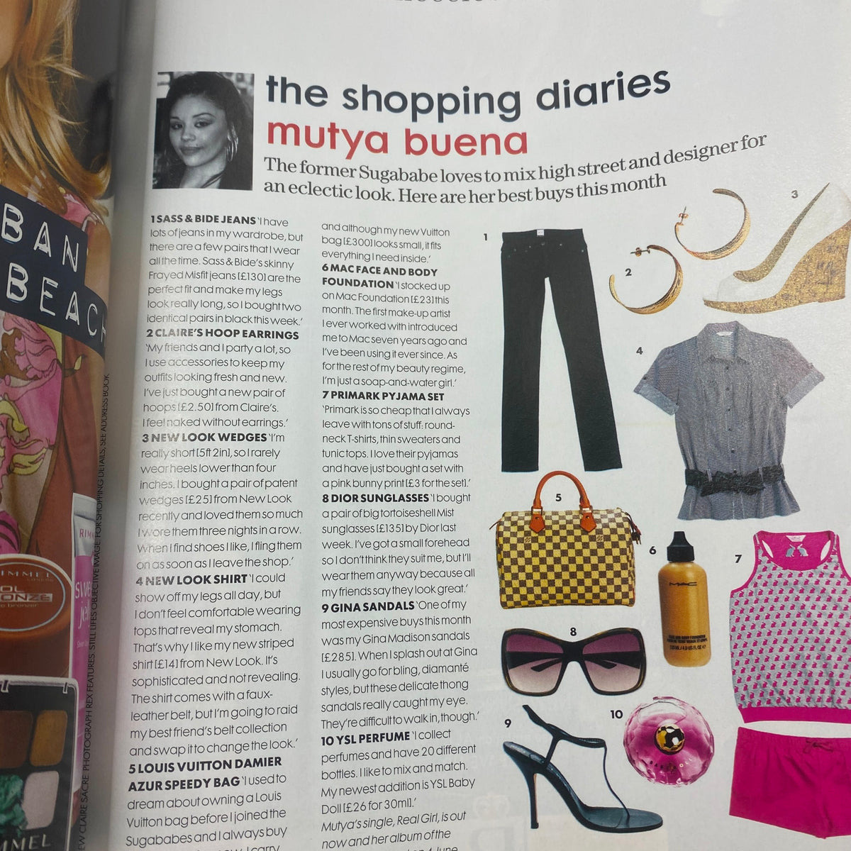 Elle UK Magazine July 2007 Drew Barrymore Cover No Label showcasing a page titled 'The Shopping Diaries' with fashion items and brand details.