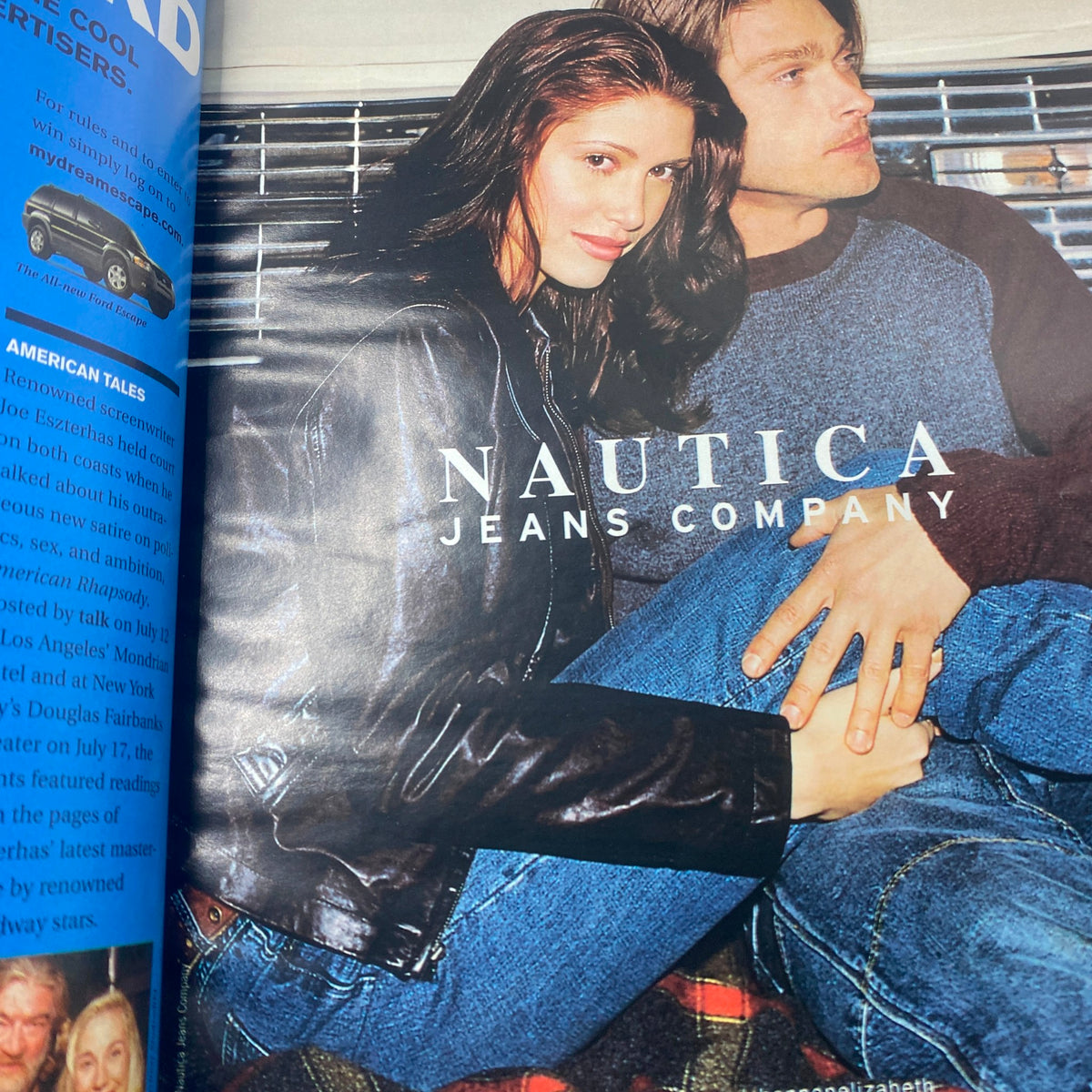 Talk Magazine September 2000 Nicole Kidman Cover featuring a vintage advertisement for Nautica Jeans Company, showcasing a model in a leather jacket with a male companion.