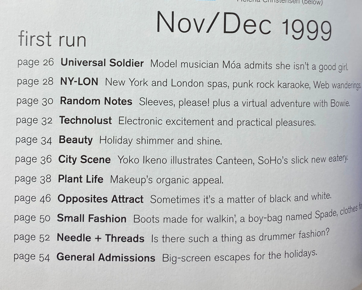 Table of contents from Nylon Magazine November - December 1999, highlighting various articles and fashion themes from the issue.