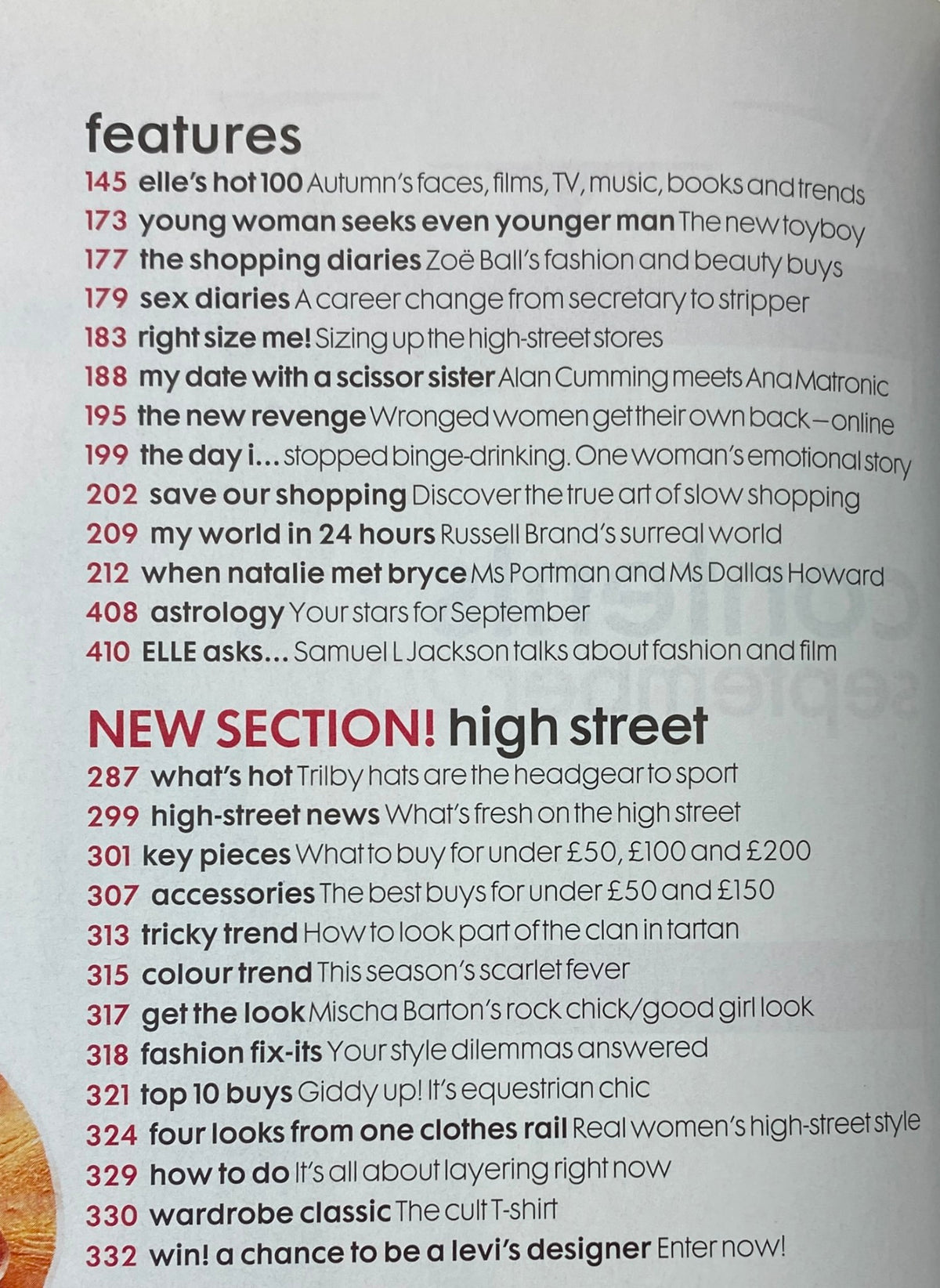 Inside features of Elle UK Magazine September 2006, showcasing articles on fashion, entertainment, and lifestyle trends with a focus on pop culture.