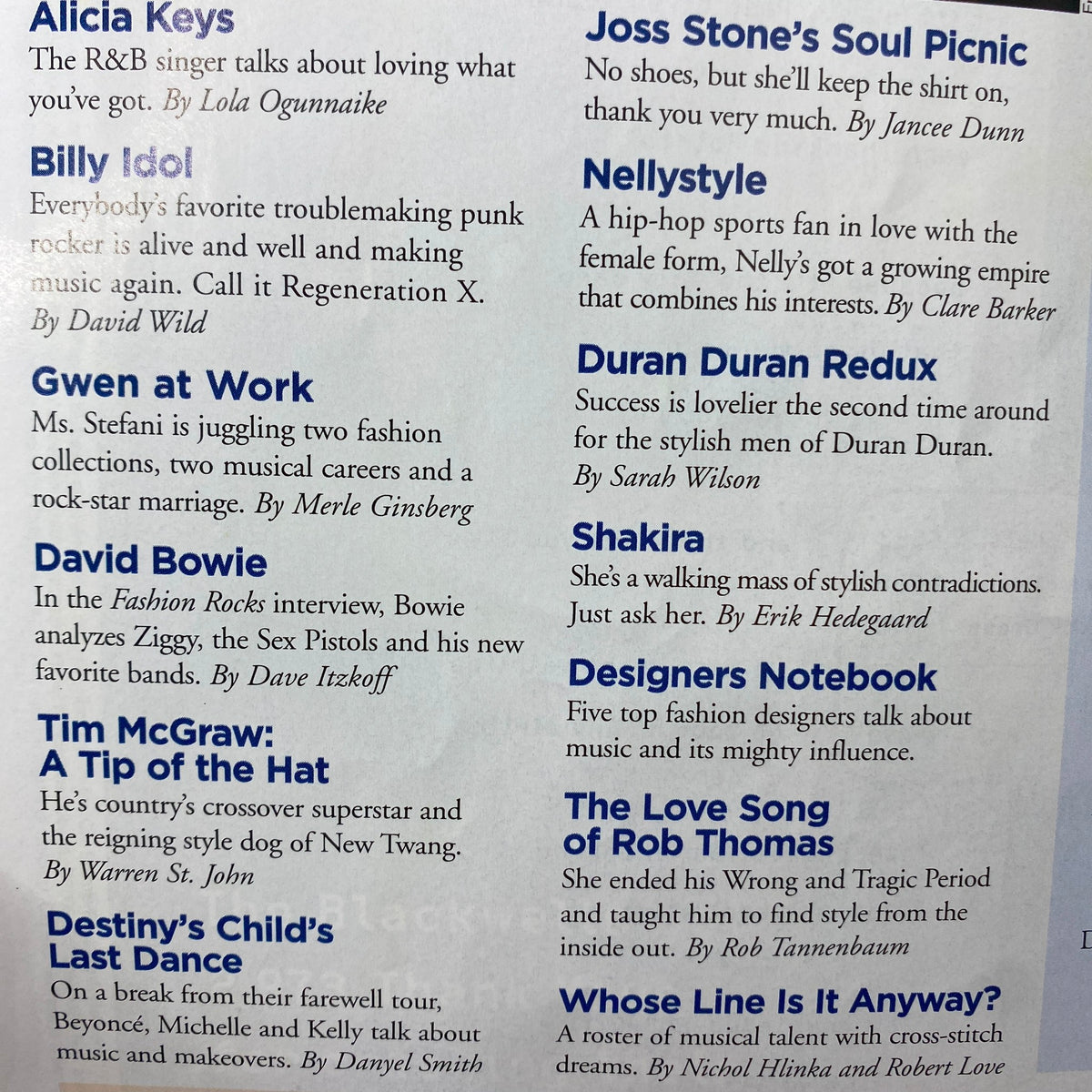 Interior page from the Fashion Rocks Supplement to W Magazine October 2005, showcasing articles about Alicia Keys, David Bowie, and other music legends with highlights including insights on style and cultural impact.