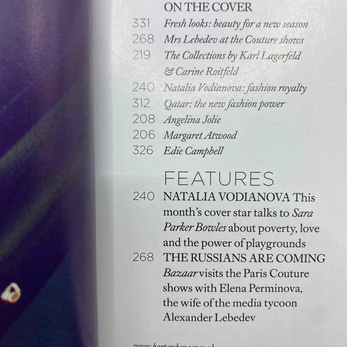 Table of contents from Harper's Bazaar Magazine September 2013, highlighting features including Natalia Vodianova and articles on fashion royalty and influential personalities.