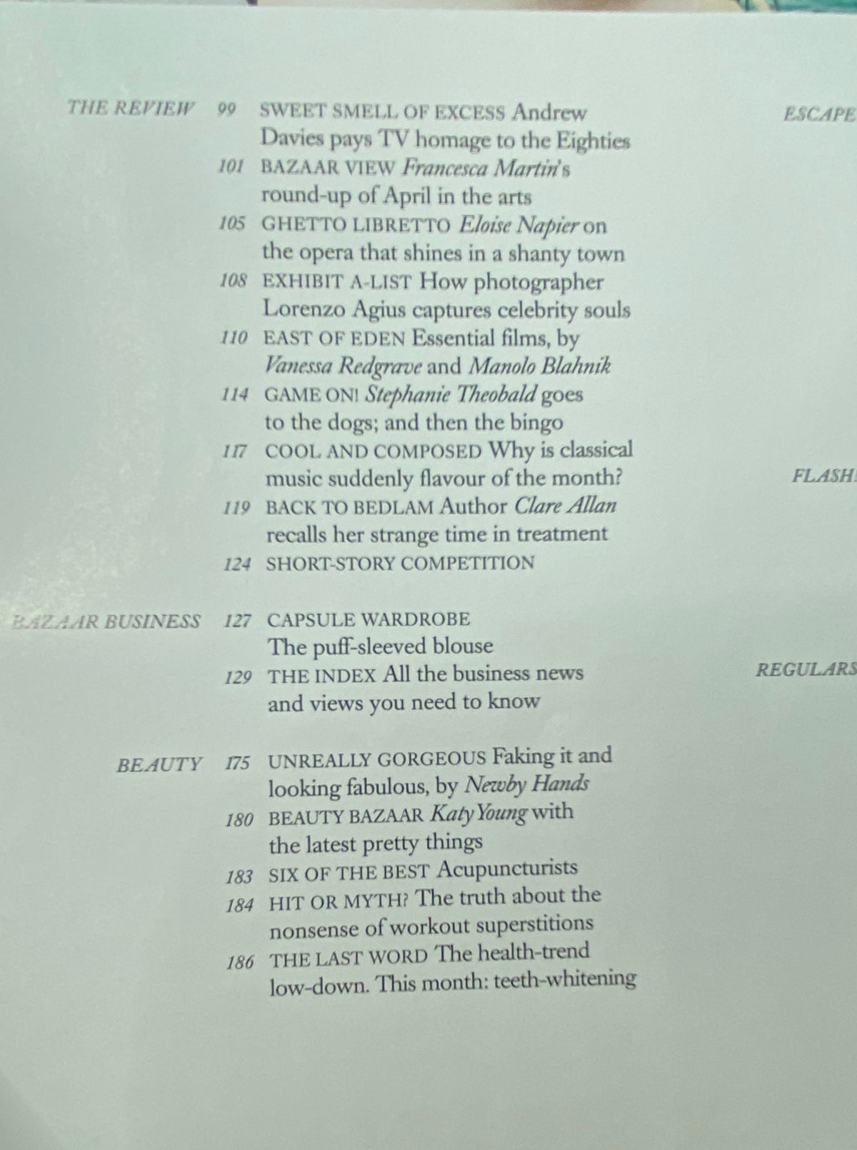 Interior page of Harper's Bazaar UK Magazine April 2006 displaying article titles such as 'Sweet Smell of Excess' and 'Beauty Journey'.