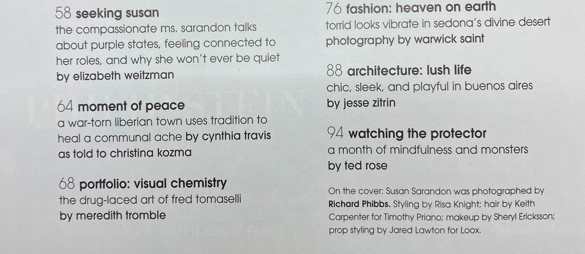 Interior page of Breathe Magazine May - June 2005 presenting article excerpts including 'Seeking Susan', an interview with Susan Sarandon, and features on fashion and architecture.