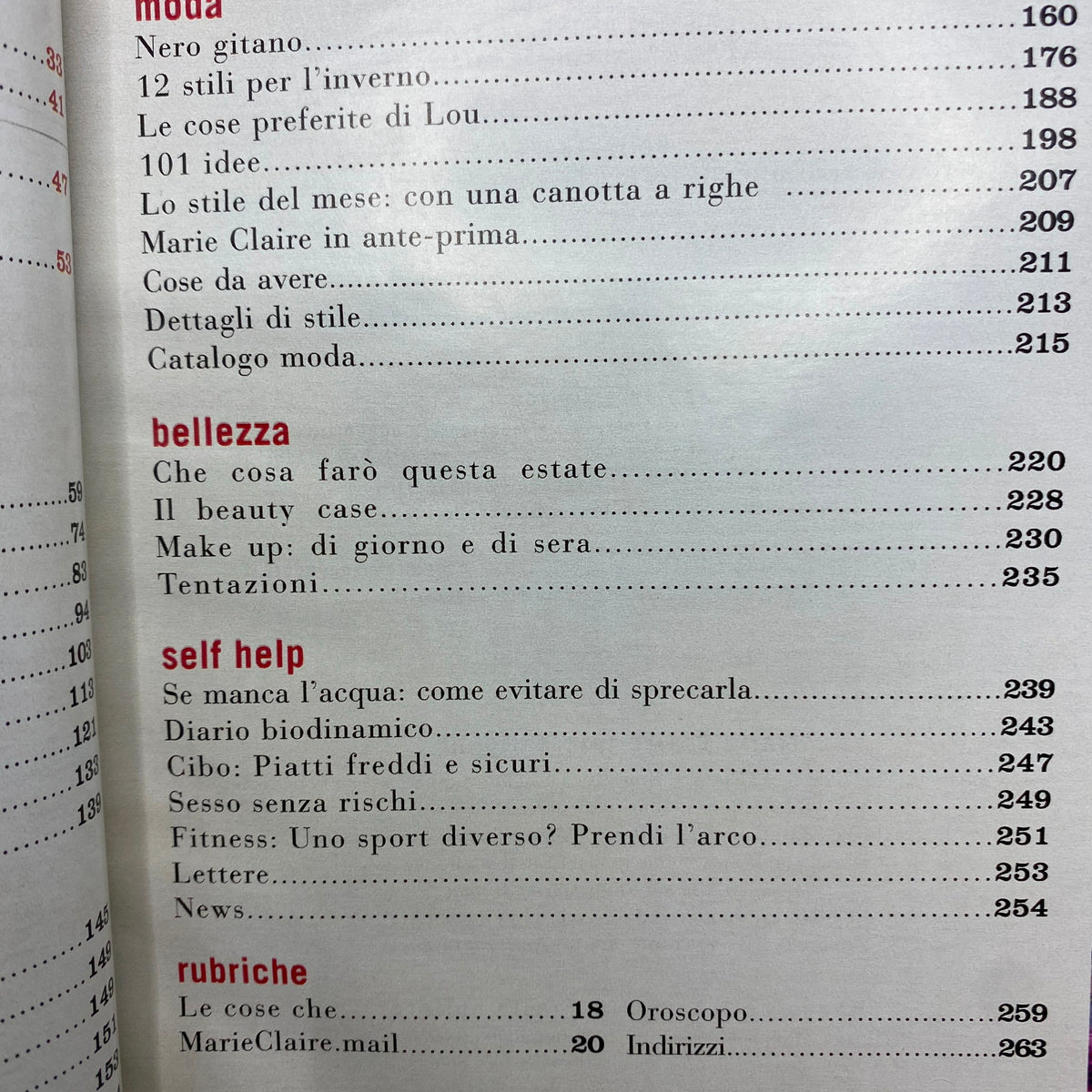 Table of contents from Marie Claire French Magazine August 2000, detailing sections on fashion, beauty, and self-help for readers.