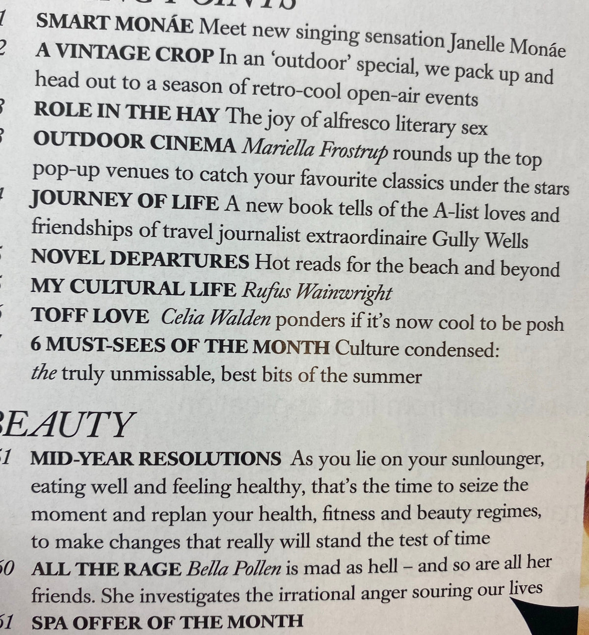 Close-up image of article contents from Harper's Bazaar UK Magazine August 2011, highlighting topics on fashion, outdoor cinema, and summer experiences.