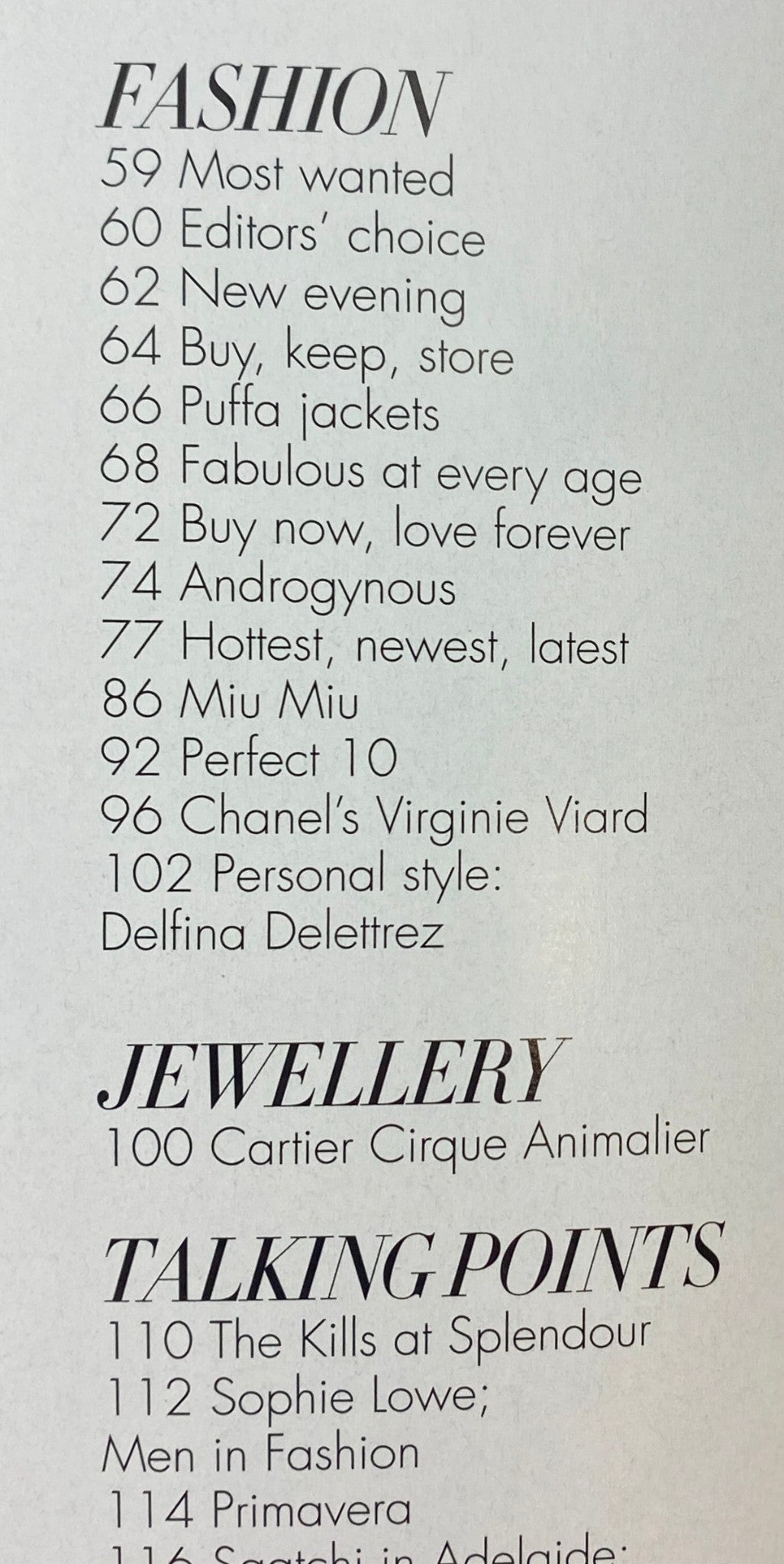 Table of contents from Harper's Bazaar Australia Magazine October 2011, listing featured articles including fashion insights and editor's choices.