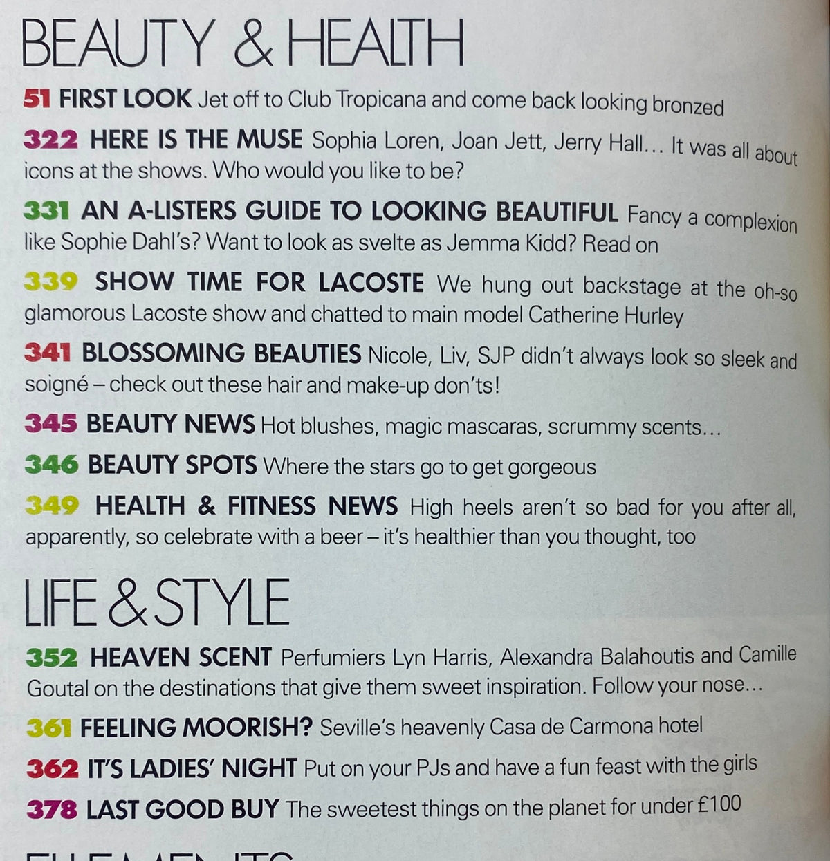 Interior page of Elle UK Magazine April 2004 discussing beauty and health topics, including features on celebrities like Sophia Loren and Joan Jett.