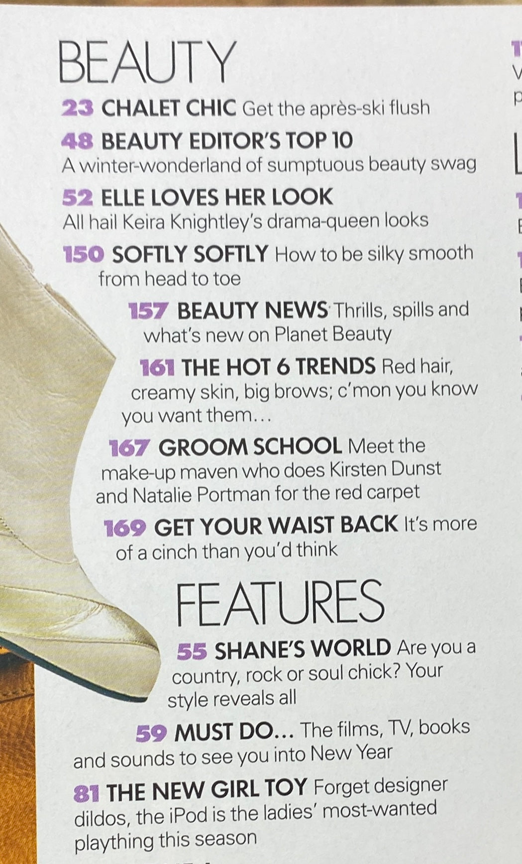 Contents page of Elle UK Magazine January 2005, listing sections including Beauty Editor's Top 10 and features on fashion trends and beauty tips, highlighting the magazine's focus on style and culture during the early 2000s.