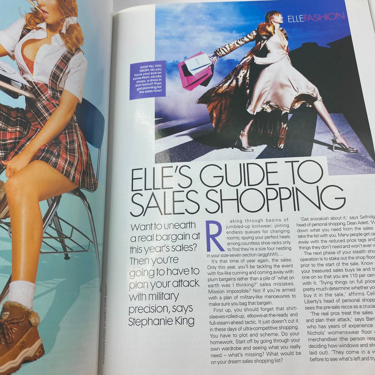 An article spread from Elle UK Magazine January 2005 titled 'Elle's Guide to Sales Shopping,' featuring fashion advice and styling tips, emphasizing the magazine's commitment to providing practical style insights for its readers.