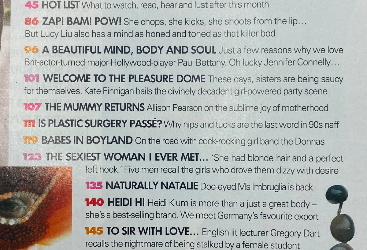Inside page of Elle UK Magazine May 2003, featuring contents and highlights including Lucy Liu and various articles reflecting the culture and trends of the early 2000s.