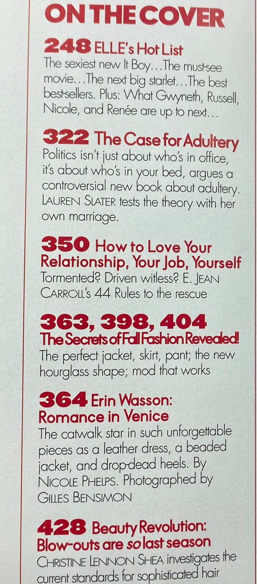 Inside page of Elle Magazine September 2003 detailing '248 ELLE's Hot List', 'The Case for Adultery', and 'How to Love Your Relationship, Your Job, Yourself,' alongside fashion insights.