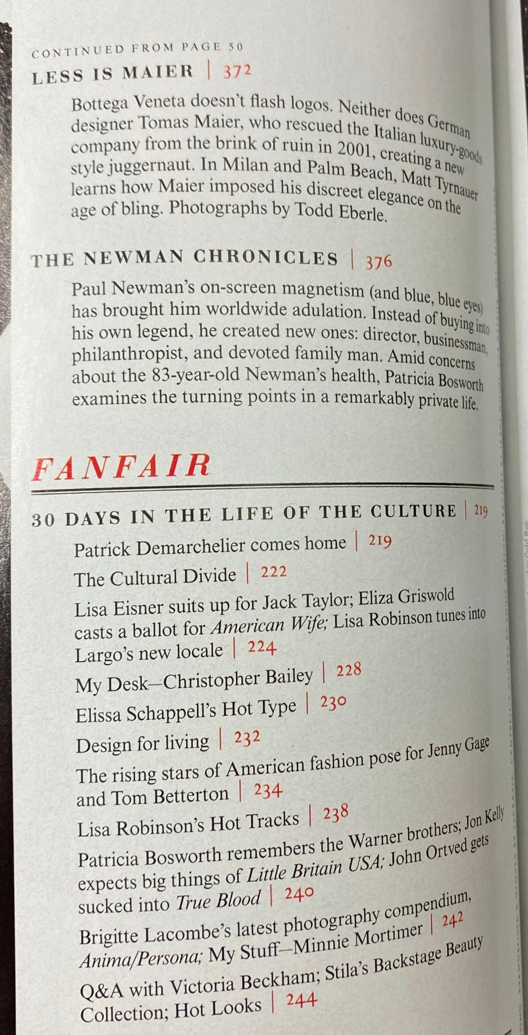 Interior page from Vanity Fair Magazine September 2008, featuring a segment titled 'The Newman Chronicles' discussing Paul Newman and cultural insights.