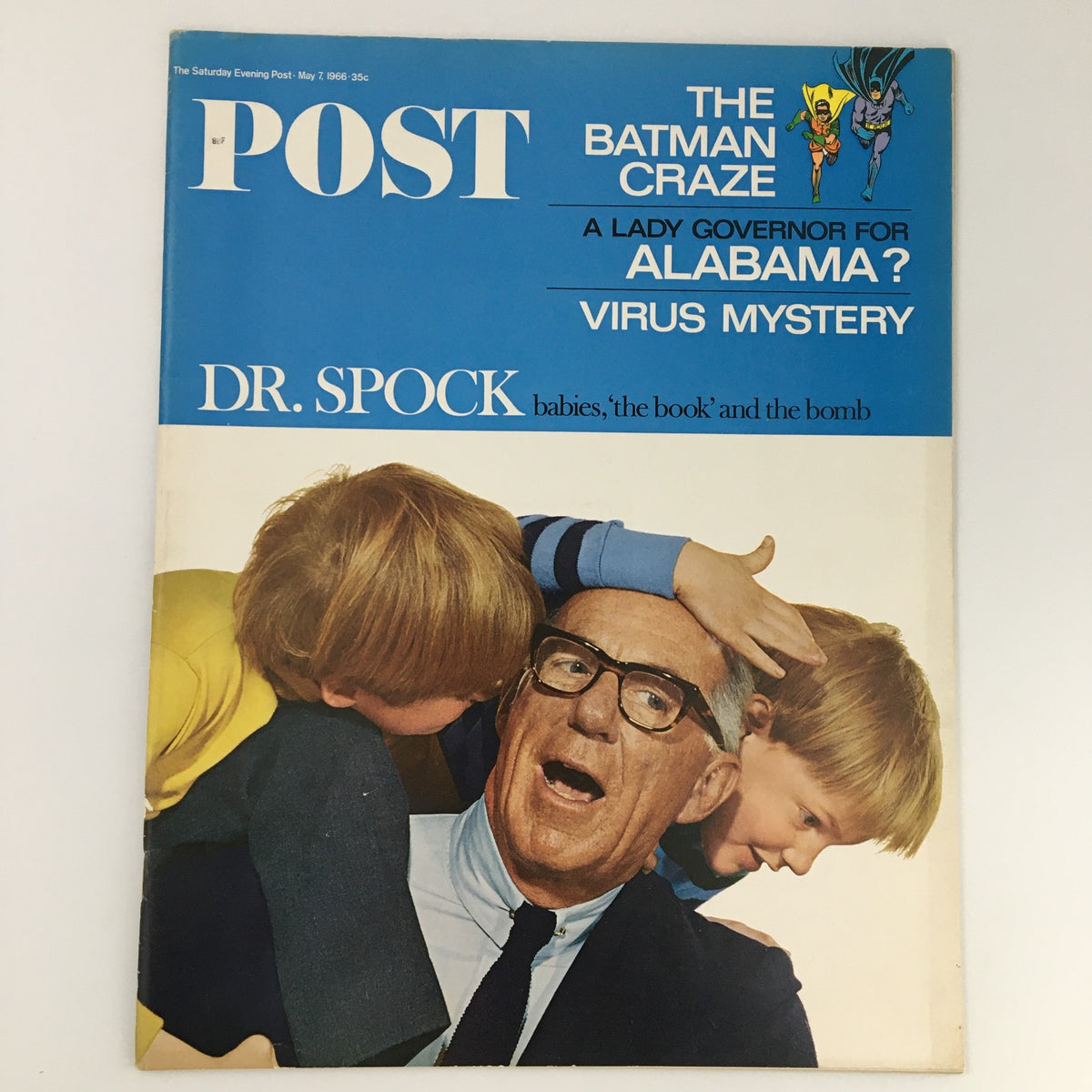 Cover of The Saturday Evening Post dated May 7, 1966, featuring Dr. Benjamin Spock with children, discussing parenting in mid-20th century America.