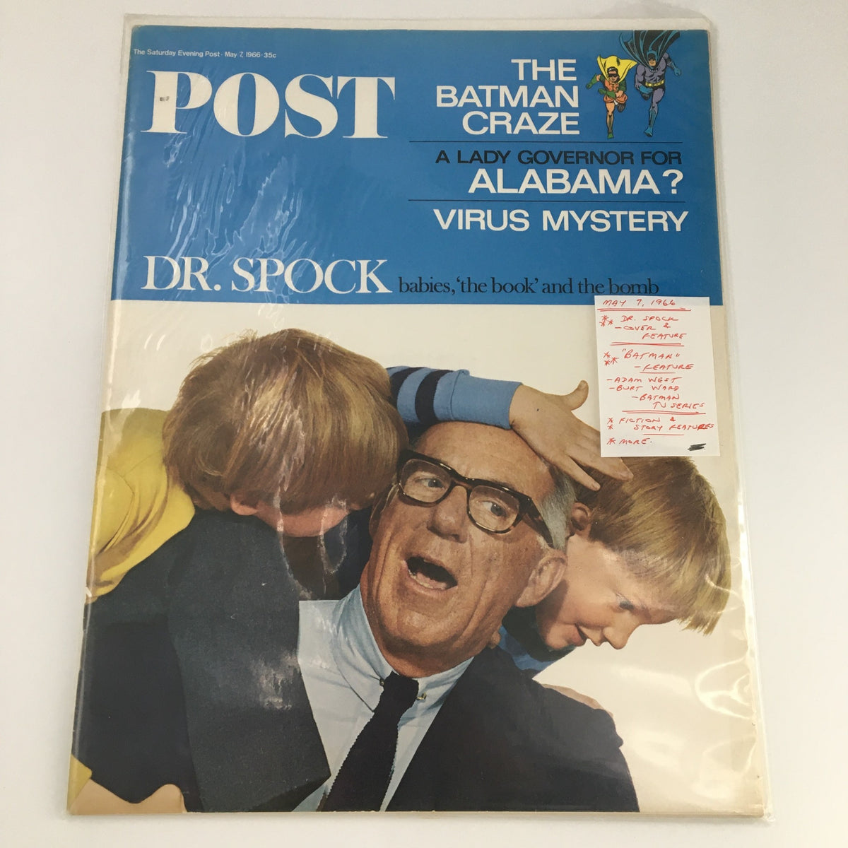 The Saturday Evening Post May 7, 1966 issue with Dr. Spock on the cover, showcasing a handwritten note with details about the magazine's content.