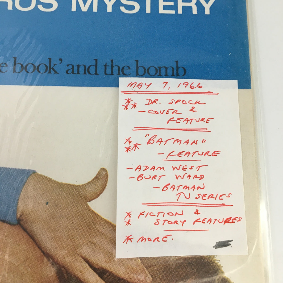 Cover page detail of The Saturday Evening Post from May 7, 1966 featuring Dr. Spock as the cover feature, highlighting articles on Batman and more.