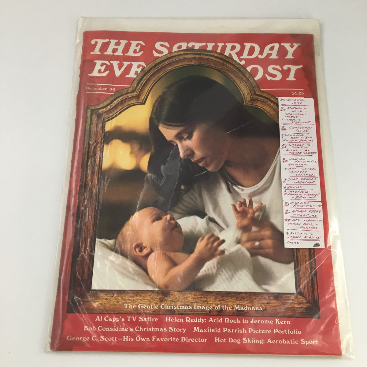 The Saturday Evening Post December 1974 issue carefully bagged and boarded, featuring the touching Mother & Child cover image, a collectible piece reflecting 1970s nostalgia.