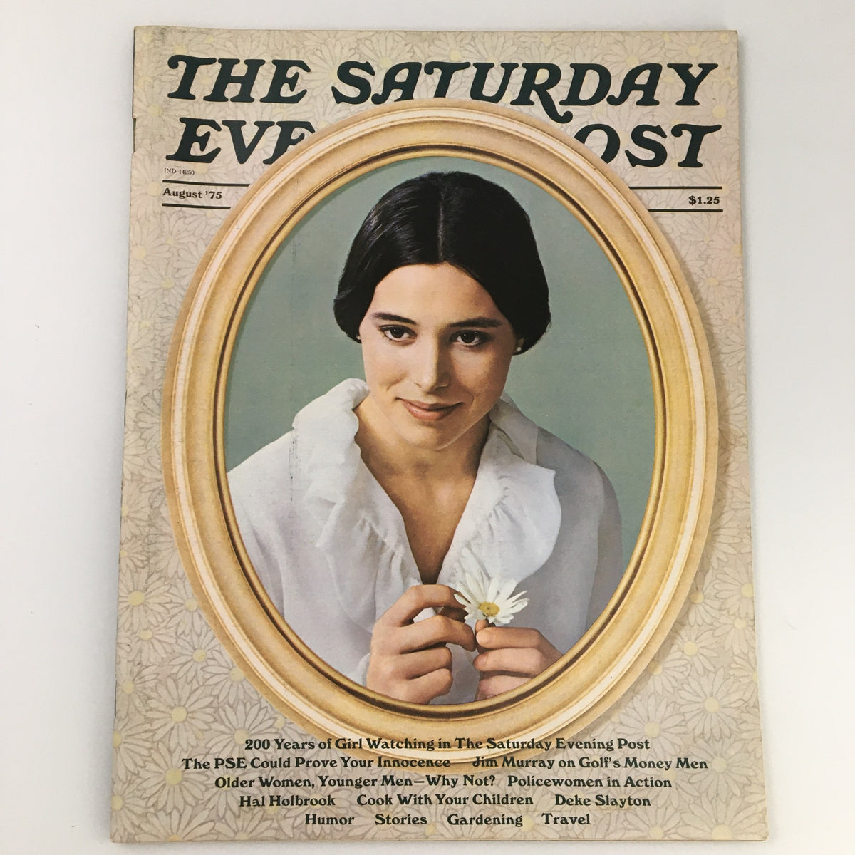 The Saturday Evening Post August 1975 cover featuring a young woman holding a flower, celebrating 200 Years of Girl Watching, showcasing vintage culture and nostalgia.
