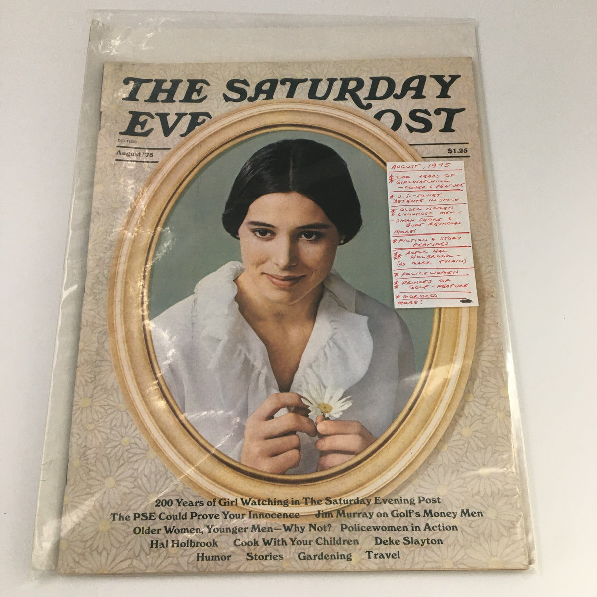 The Saturday Evening Post August 1975 cover featuring a woman holding a flower, celebrating 200 Years of Girl Watching.