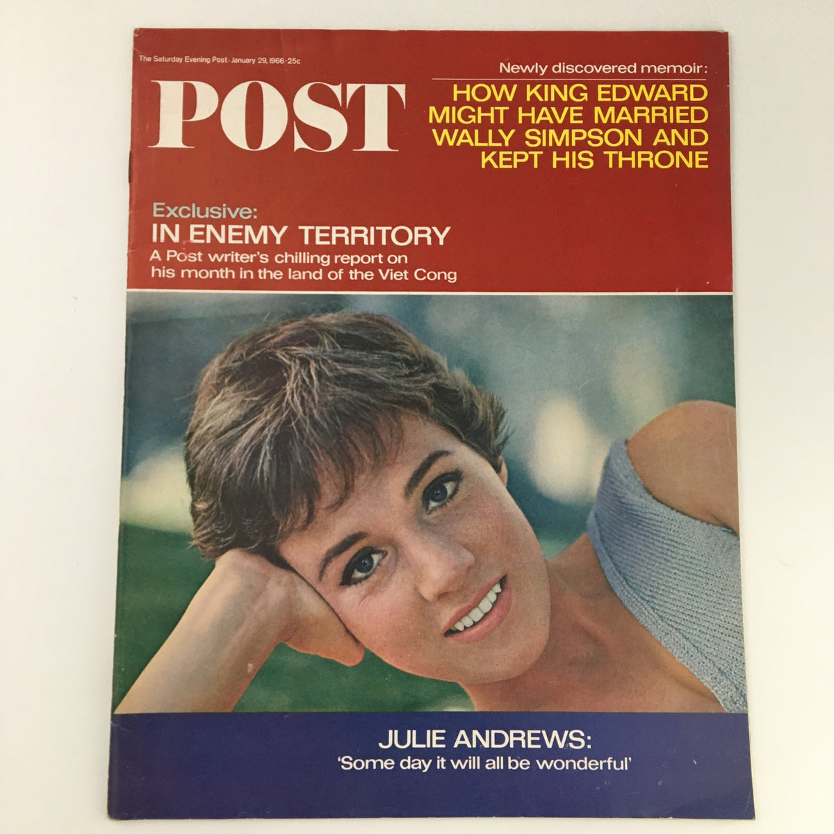 Vintage cover of The Saturday Evening Post, January 29, 1966, featuring actress Julie Andrews, highlighting her captivating beauty and charm. Perfect collectible for vintage magazine enthusiasts.