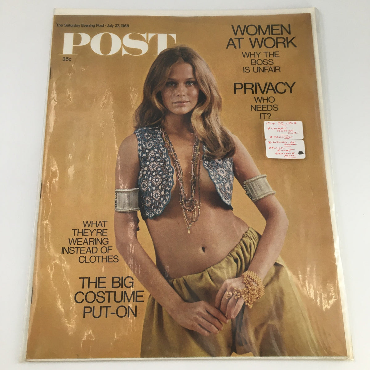 The Saturday Evening Post July 27, 1968 cover featuring Lauren Hutton in a vintage-style outfit, emphasizing the magazine's focus on fashion and 1960s culture, including text on women's issues and innovative fashion choices.