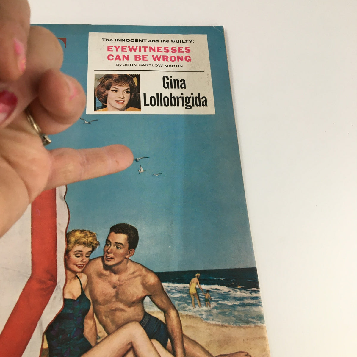 The Saturday Evening Post August 13 1960 cover detail, captured closely to emphasize the magazine's title and featuring a notable article about eyewitness accounts, with a portrait of actress Gina Lollobrigida.