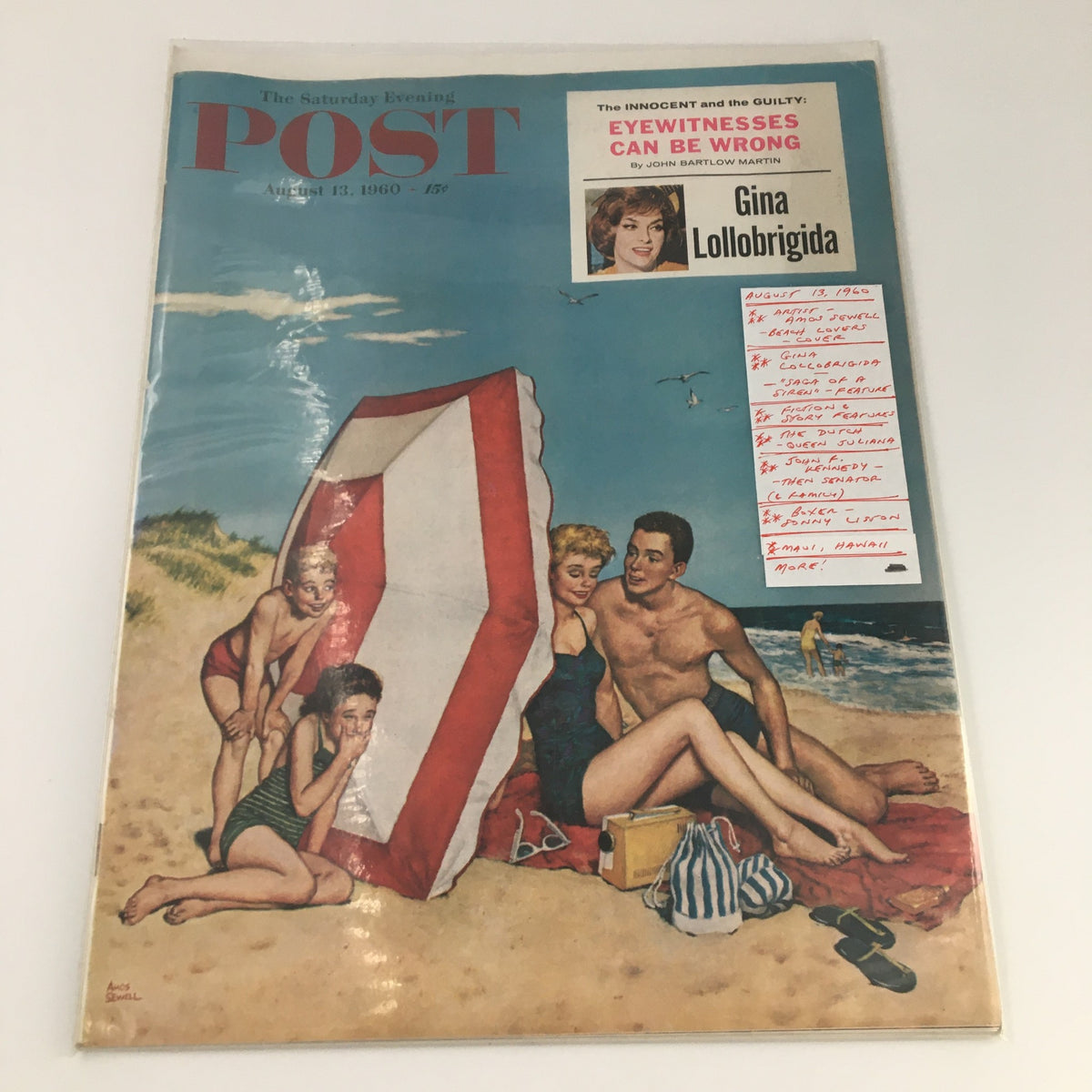 The Saturday Evening Post August 13 1960 cover featuring artist Amos Sewell's beach lovers illustration, showcasing two couples enjoying a day at the beach beneath a large sun umbrella.
