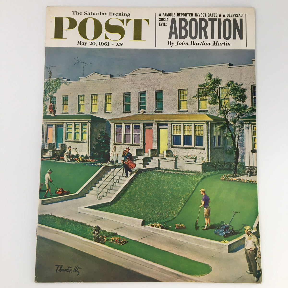 Cover of The Saturday Evening Post dated May 20, 1961, featuring the title 'A Visit with Willie Mays.' The vibrant cover illustration depicts suburban life with people maintaining their lawns and gardens.