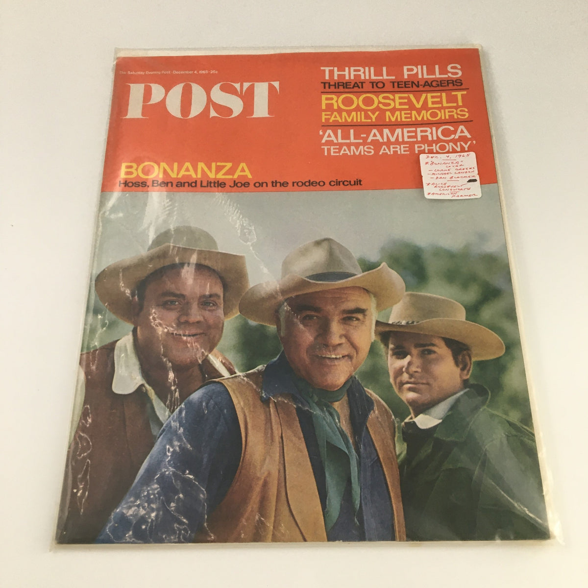 Vintage edition of The Saturday Evening Post December 4, 1965 showcasing Bonanza characters on the cover, reflecting America's cultural history.