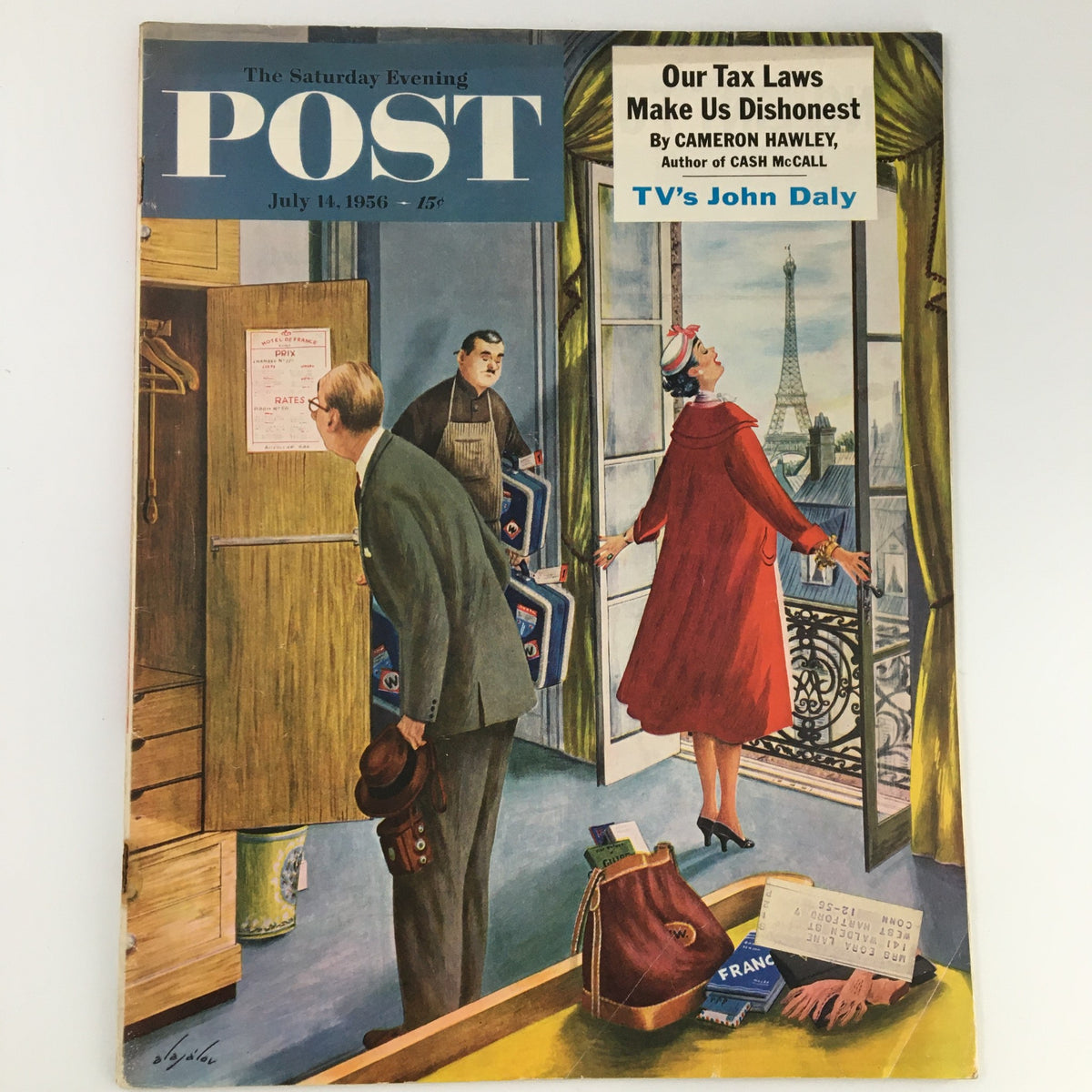 Cover of The Saturday Evening Post from July 14, 1956, featuring an illustration with TV's John Daly and Lucille Ball, showcasing a scene of a woman in a red coat standing by an open window with views of the Eiffel Tower, surrounded by men in suits and a bellhop, highlighting the magazine's vintage style and historic content.
