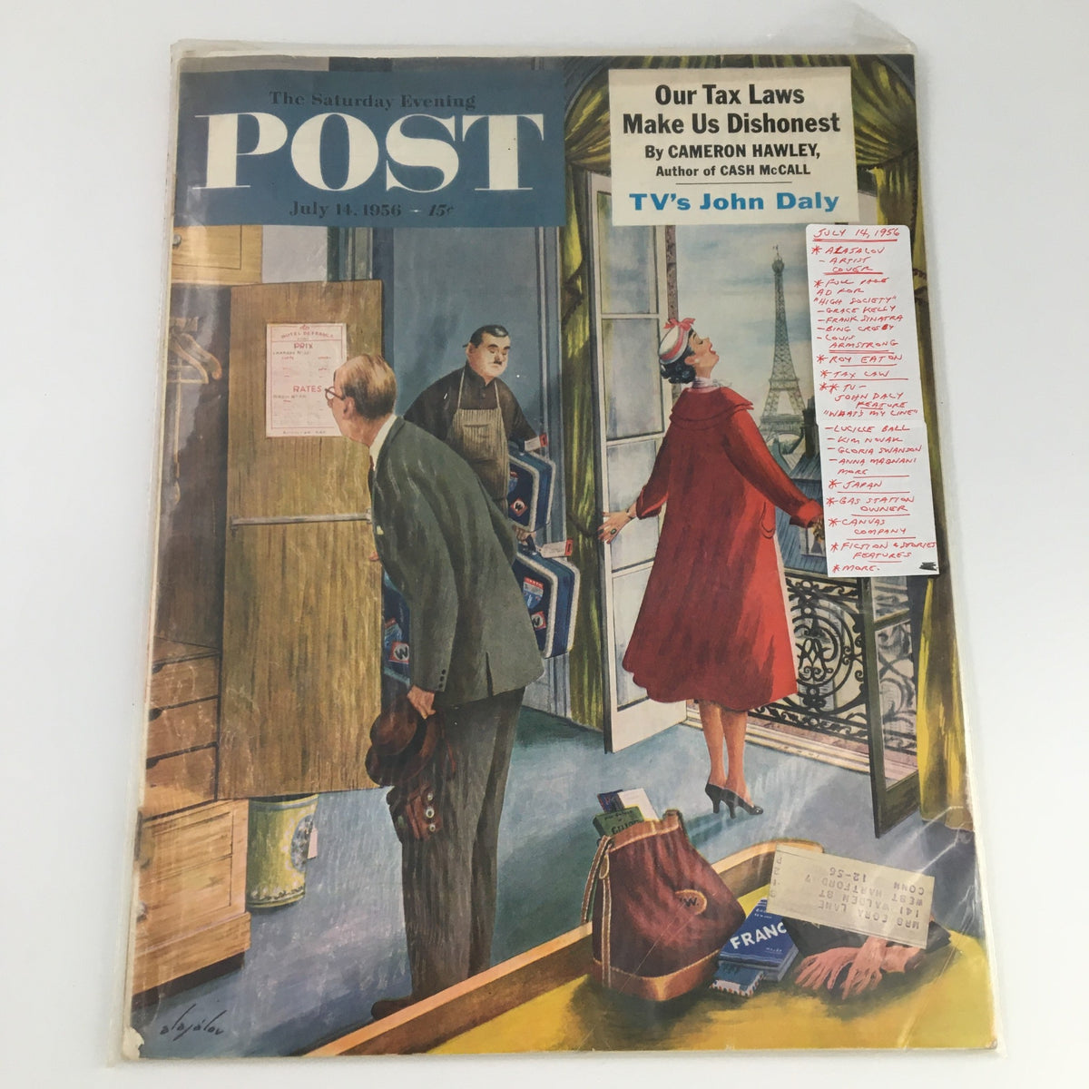 Cover of The Saturday Evening Post July 14 1956 featuring TV's John Daly and Lucille Ball. The image depicts a scene with a woman in a red coat, with an Eiffel Tower background, while a man and another character observe from the interior.
