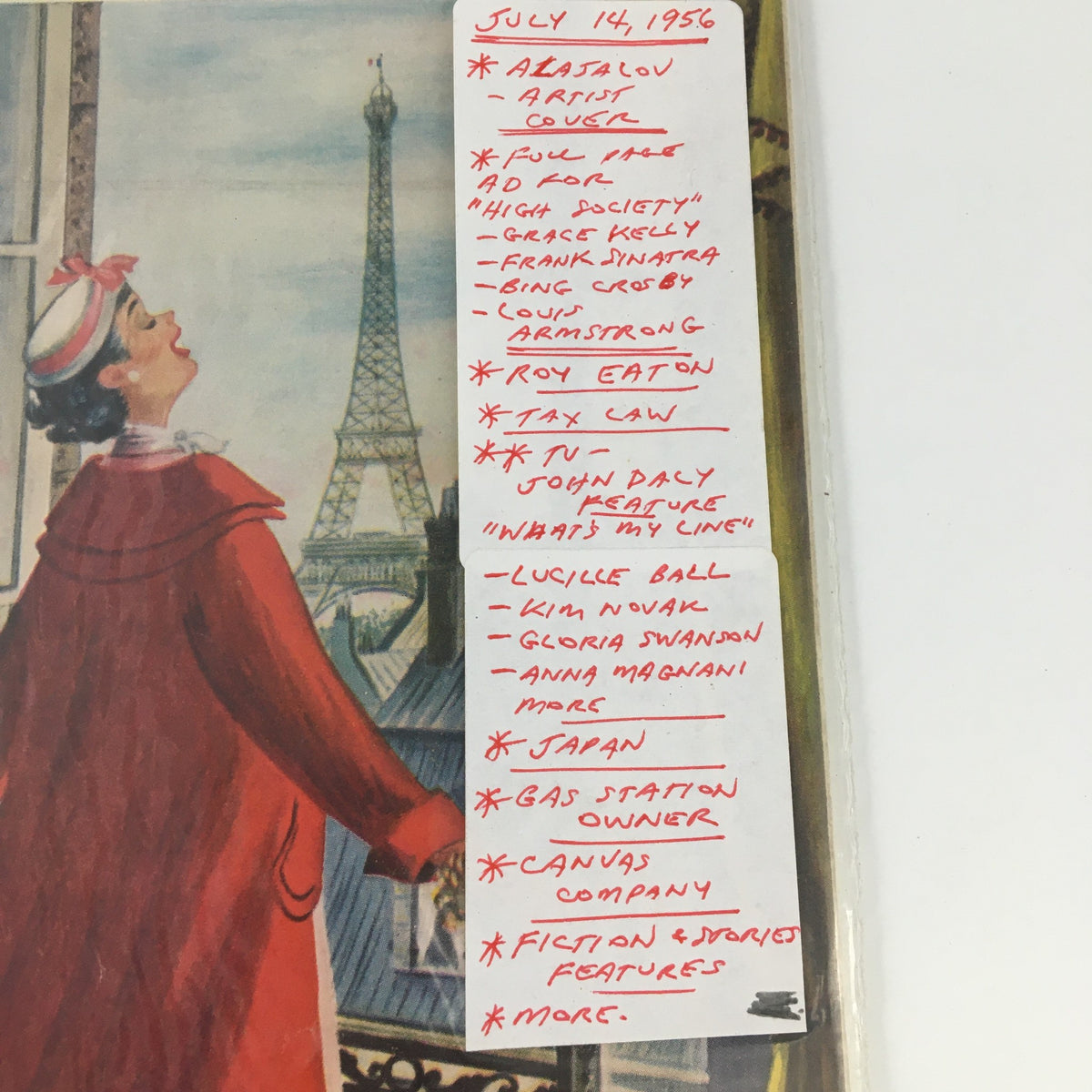 Close-up of notes on the cover of The Saturday Evening Post July 14 1956, highlighting features like TV's John Daly and Lucille Ball. The image captures handwritten notes about featured artists and topics relevant to the magazine issue.
