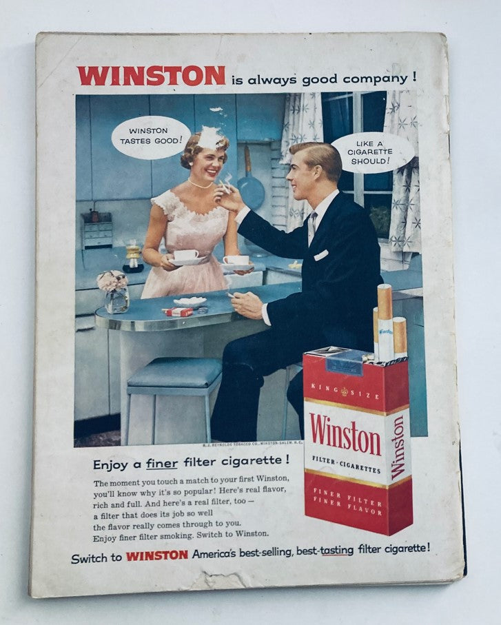Vintage advertisement featuring Winston cigarettes with a stylish couple at a dining table, promoting a finer filter cigarette. This graphic showcases the classic 1950s aesthetic and branding associated with Winston cigarettes.