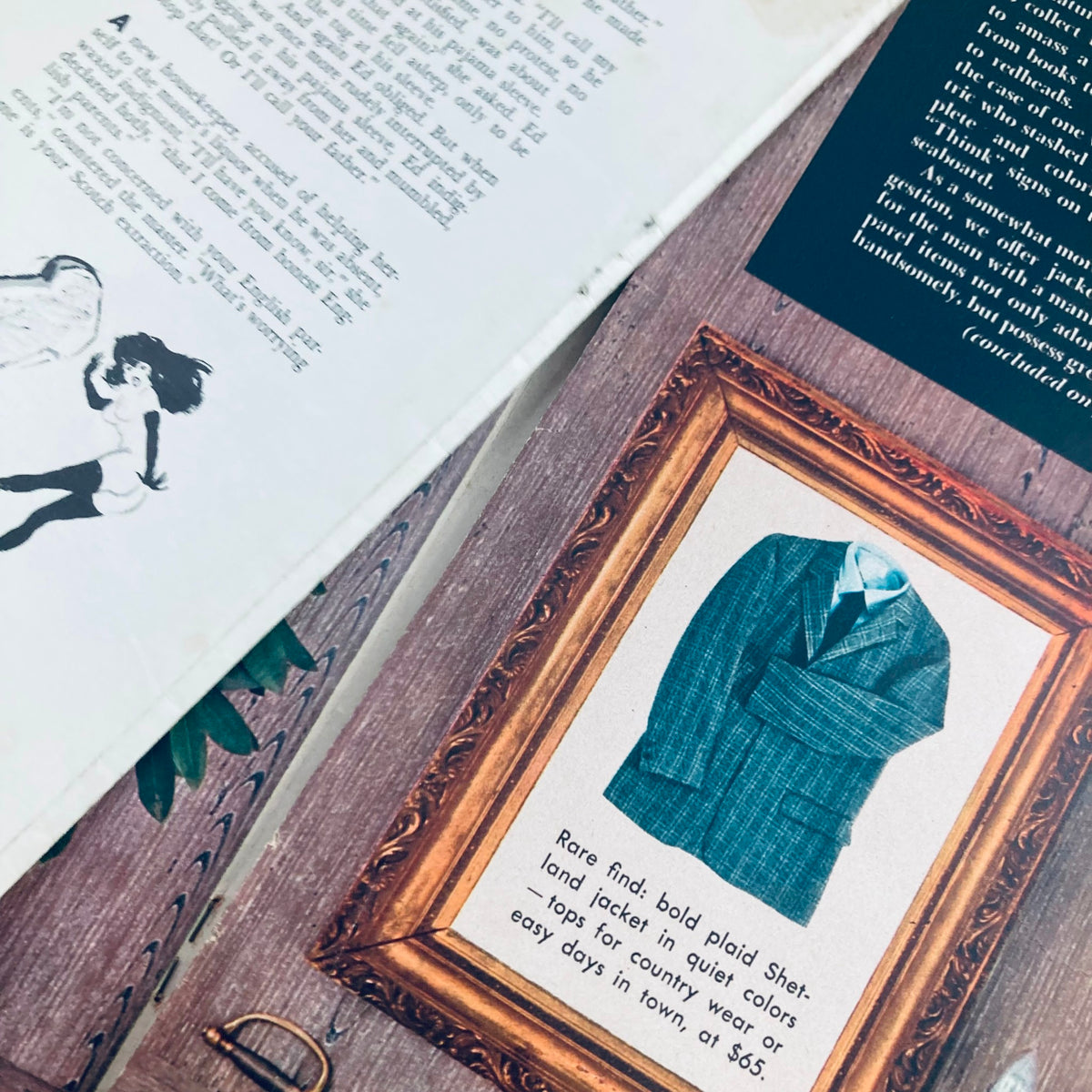 An advertisement from the VTG Playboy Magazine February 1957, featuring a bold plaid jacket for sale, set against a rustic background with decorative framing.