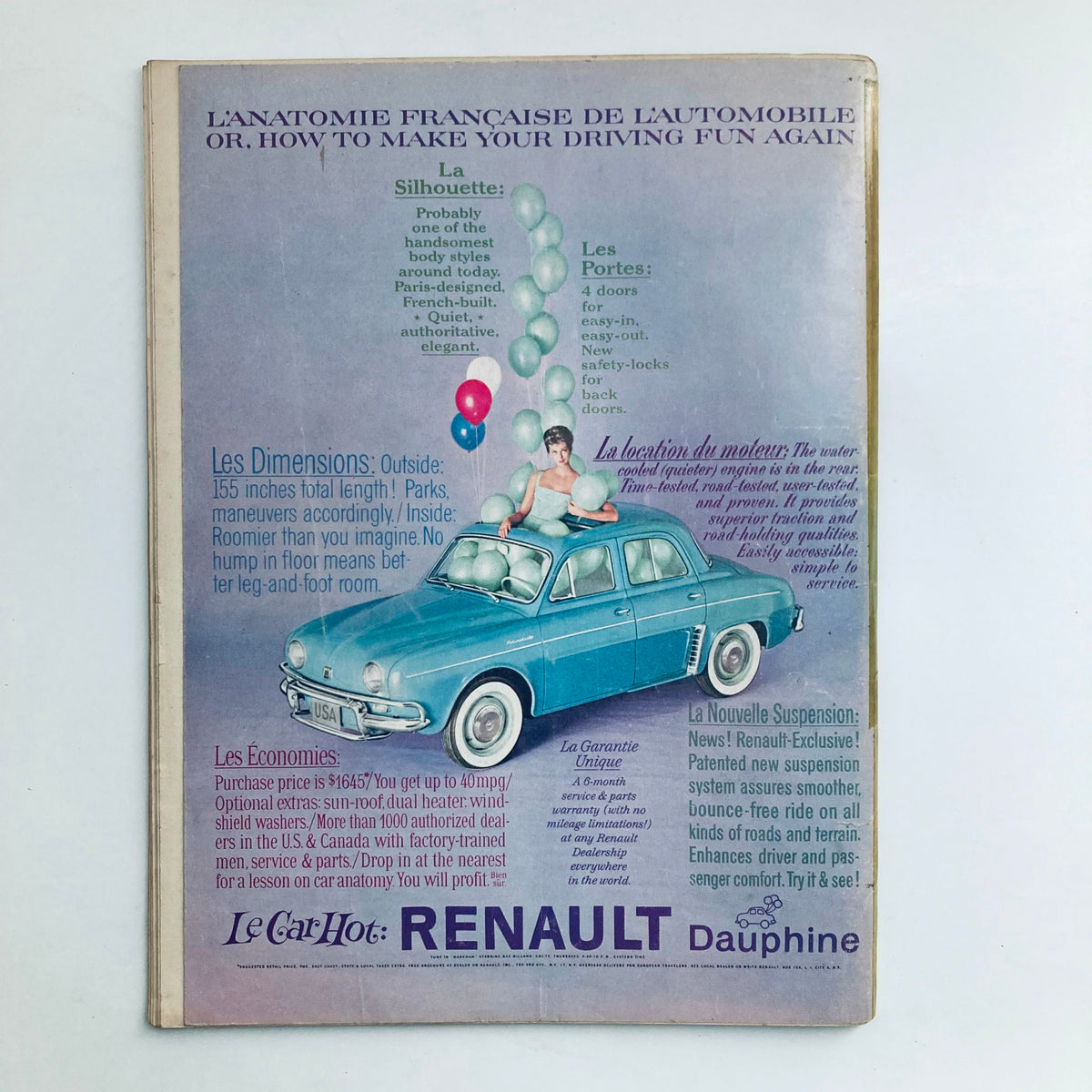Back cover of VTG Playboy Magazine July 1960, showcasing a colorful advertisement for the Renault Dauphine, illustrating features and design aspects in a vintage style.