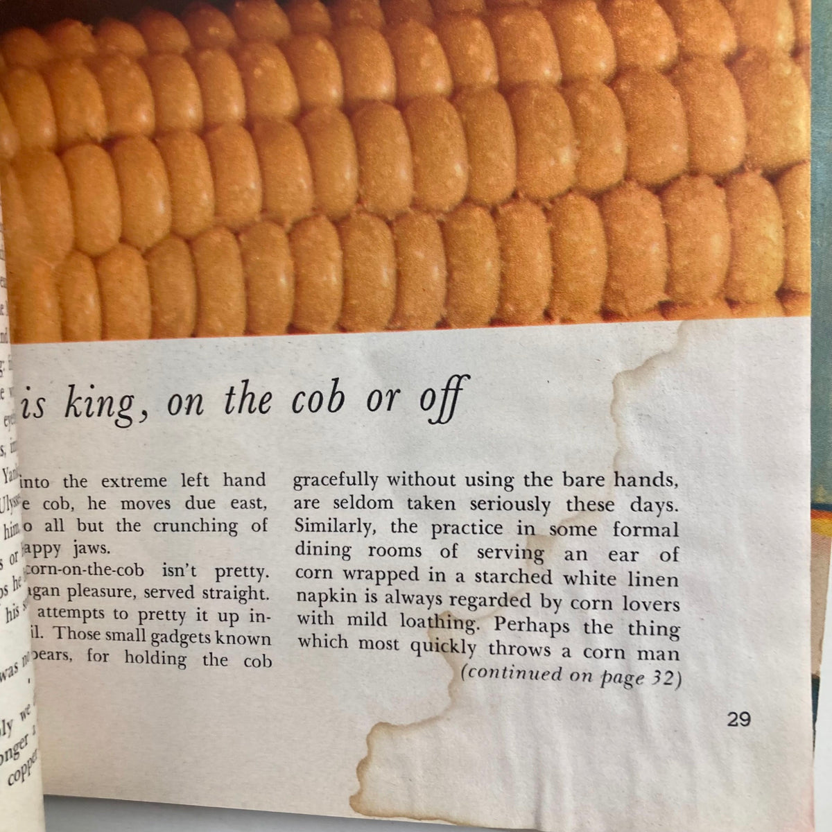 Inside page from VTG Playboy Magazine August 1957 showcasing a section of text about corn, reflecting the magazine's diverse content.
