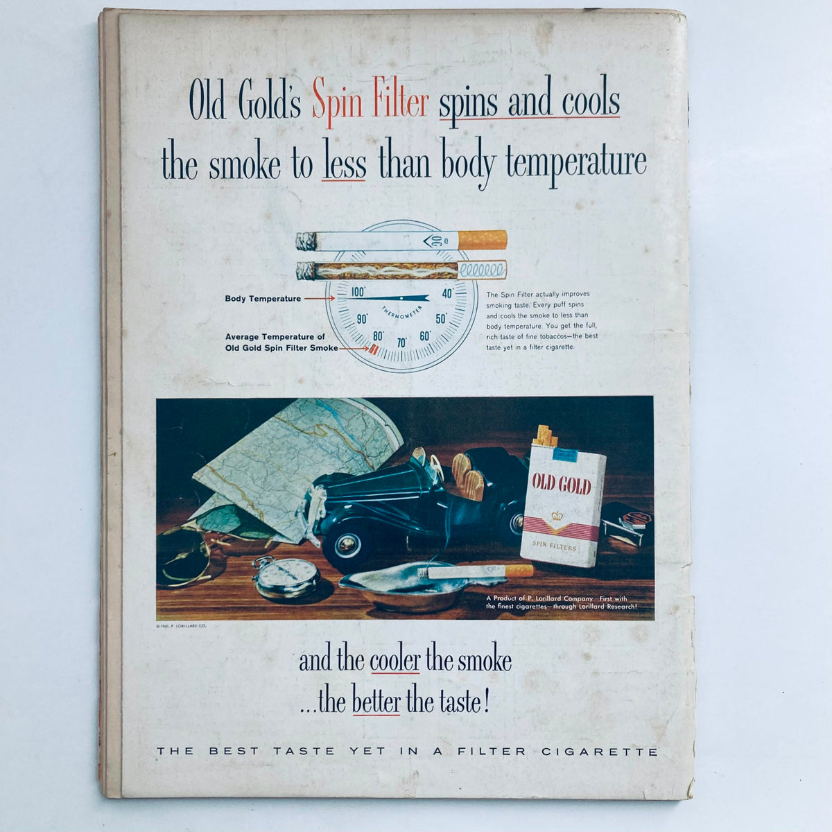 Back cover advertisement from VTG Playboy Magazine April 1960 promoting Old Gold's Spin Filter cigarettes, illustrating a classic design with a vintage setting.