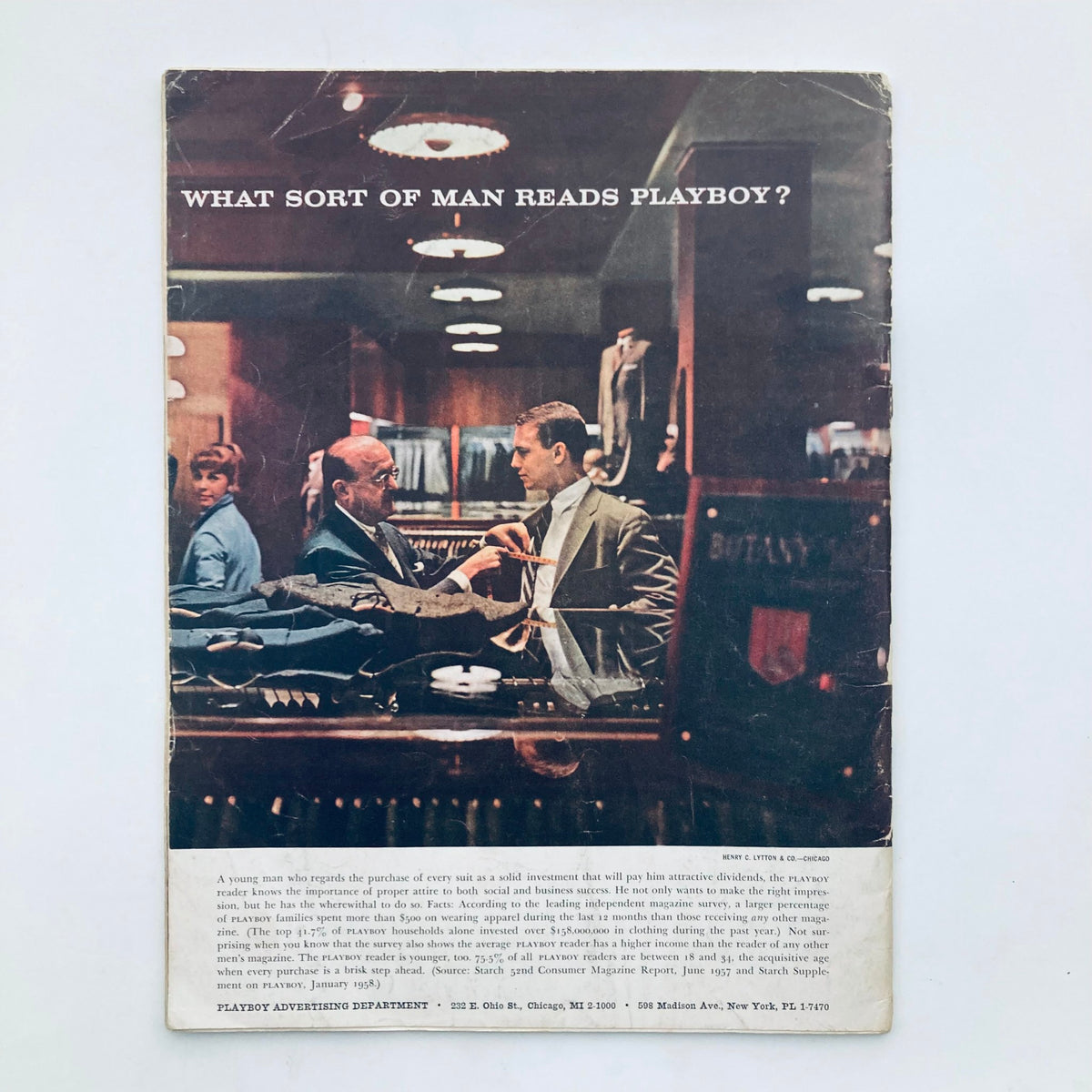 VTG Playboy Magazine May 1958 Cover featuring an advertisement with two men discussing fashion in a tailored suit setting