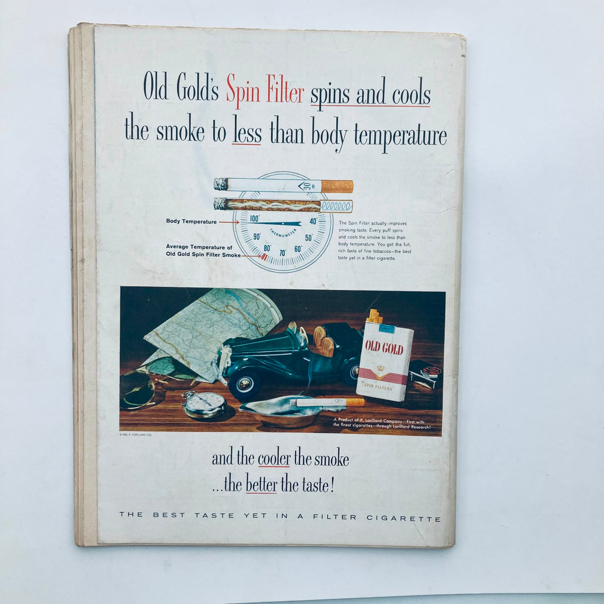 Cover page of the VTG Playboy Magazine April 1960 featuring an advertisement for Old Gold cigarettes, showcasing a vintage aesthetic with a car, map, and smoking-related imagery.