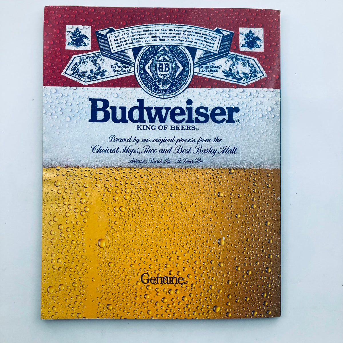 Budweiser magazine cover featuring the tagline 'King of Beers', highlighting vintage design and logo, perfect for collectors.