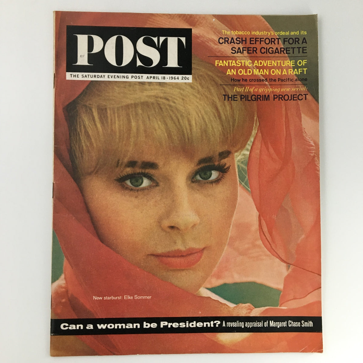 The Saturday Evening Post April 18 1964 cover featuring actress Elke Sommer, showcasing vintage design and classic cinema appeal with vibrant colors and a discussion on political themes.