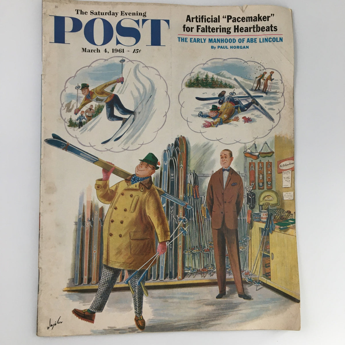 Cover of The Saturday Evening Post from March 4, 1961, featuring illustrations related to skiing and the early manhood of Abe Lincoln.
