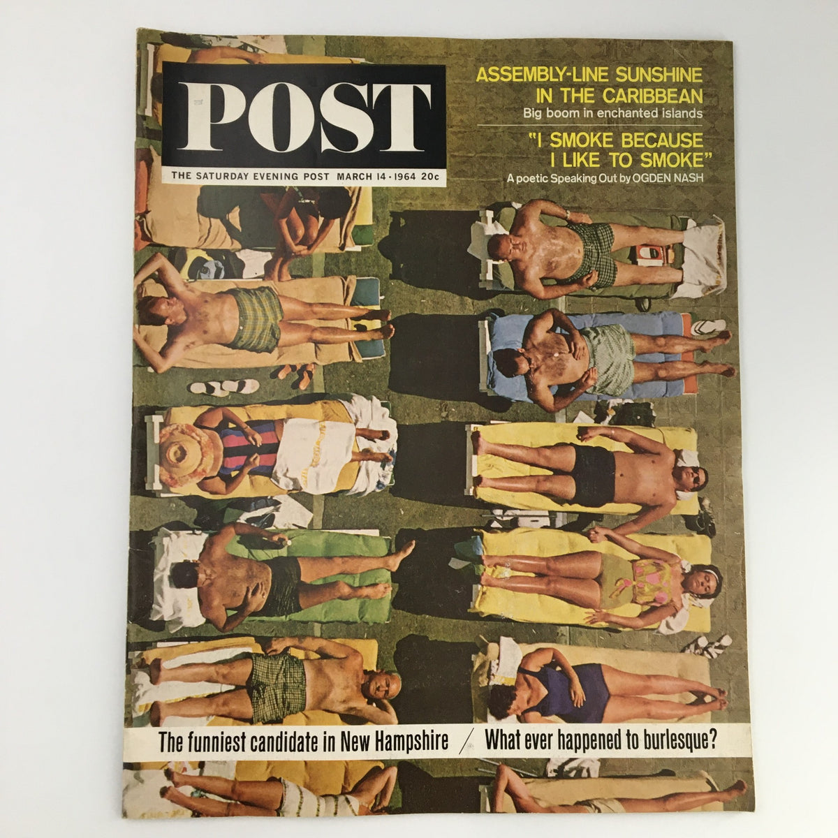 The Saturday Evening Post March 14 1964 cover featuring a vibrant Caribbean scene with sunbathers lounging on beach chairs, showcasing a nostalgic glimpse into 1960s leisure culture.