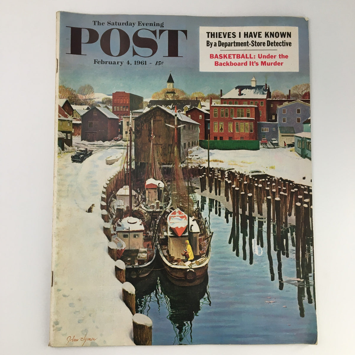 Cover of The Saturday Evening Post from February 4, 1961, featuring the headline 'Thieves I Have Known' and a picturesque winter scene with boats and snow-covered buildings.