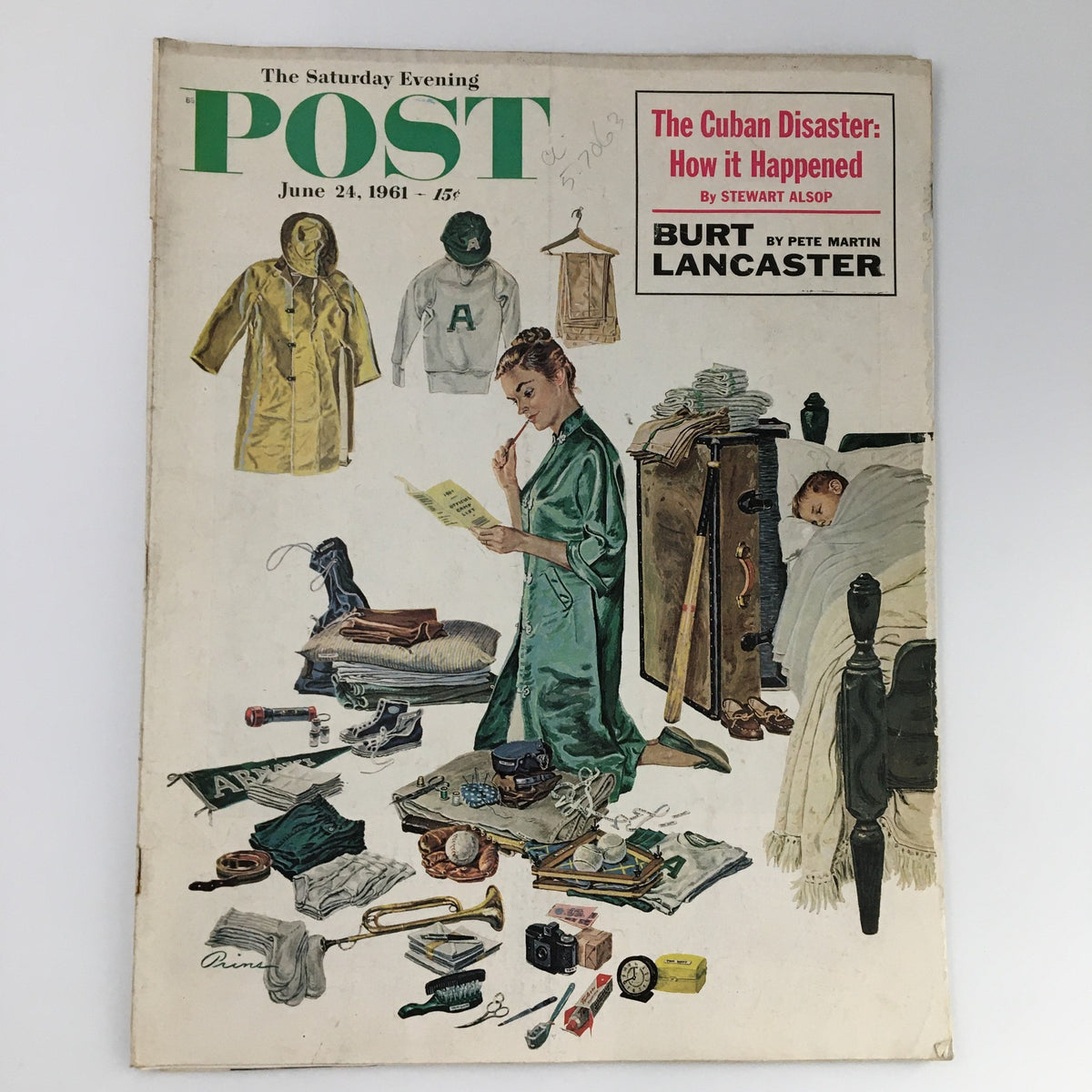Cover of The Saturday Evening Post from June 24, 1961 featuring Burt Lancaster, showing a woman reading amidst various personal items including clothing and household objects.