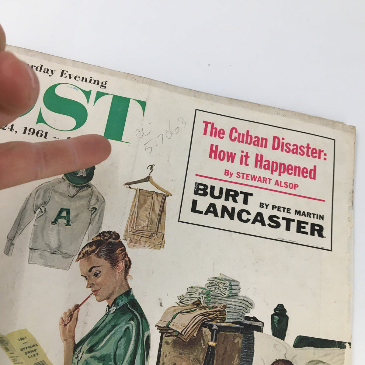 Close-up of The Saturday Evening Post June 24, 1961 cover, highlighting Burt Lancaster and a woman with a pencil, surrounded by illustrations of everyday items.