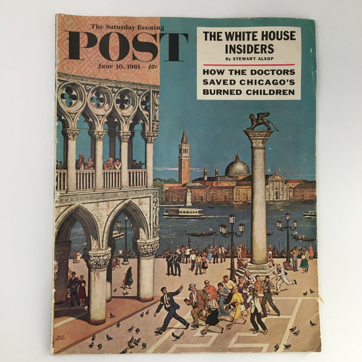 The Saturday Evening Post cover from June 10, 1961, featuring an illustration titled 'The White House Intruders'. The cover depicts a lively scene with people walking along a waterfront, iconic buildings in the background, and a vibrant historical setting, representing an era of political intrigue.